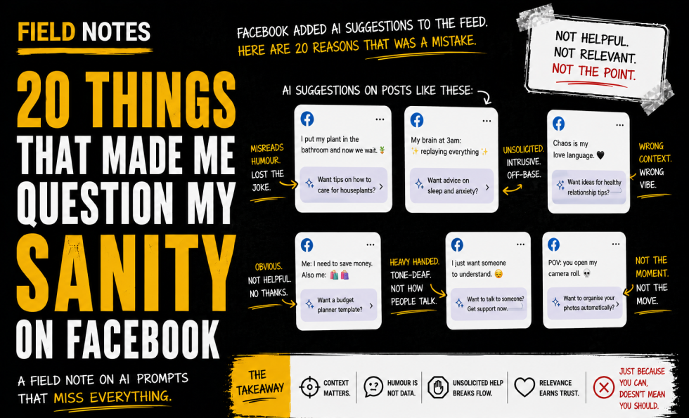 Dark UU3-branded Field Notes thumbnail for “20 Things That Made Me Question My Sanity on Facebook,” showing mock Facebook posts with AI-generated suggestion prompts annotated for context failure, humour misreading, unsolicited help and poor relevance.